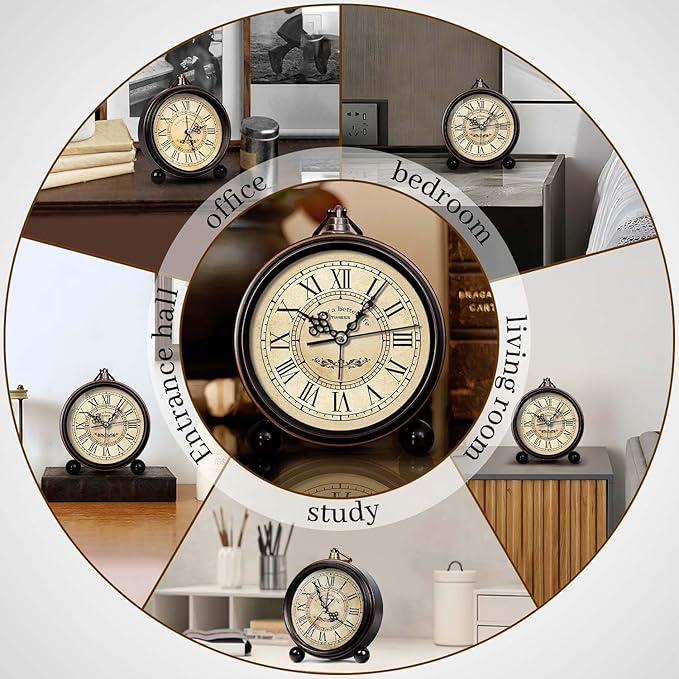 TIMESS Vintage Analog Alarm Clock, 4.3" Silent Non-Ticking Quartz Desk Clock with Roman Numerals, Battery Operated Table Clock for Bedroom, Living Room, Office, or Gift (White)