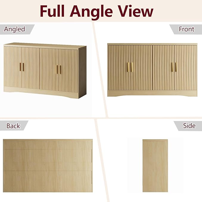 55" Modern Sideboard Buffet Cabinet with Storage, 4 Door Fluted Credenza Table Media Console Cabinet Entryway Cabinets for Living Room Kitchen, Wood