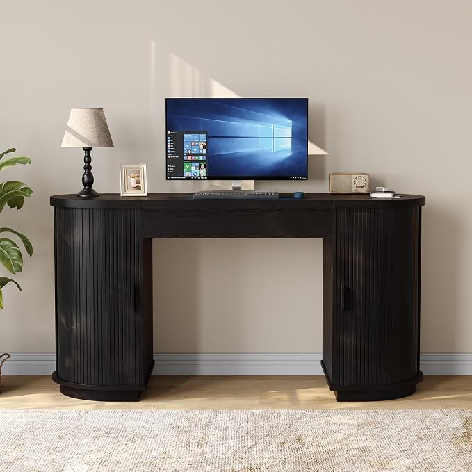 ONBRILL 59 Inches Office Desk with Lift Top, Fluted Executive Desk w/Charging Outlets, Mid-Century Modern Computer Desk with Storage, Curved Study Desk for Work/Study/Writing, Black
