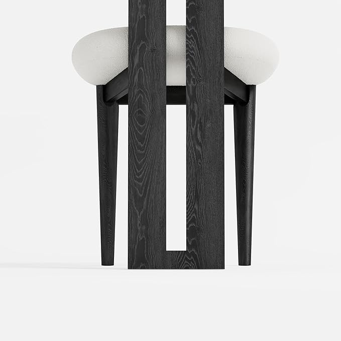 Upholstered Kitchen & Dining Room Table Chairs Set of 2, Solid Wood White Mid Century Dining Chairs with Boucle Upholstery, Cylindrical Backrest for Vanity, Living Room, Office, White & Black