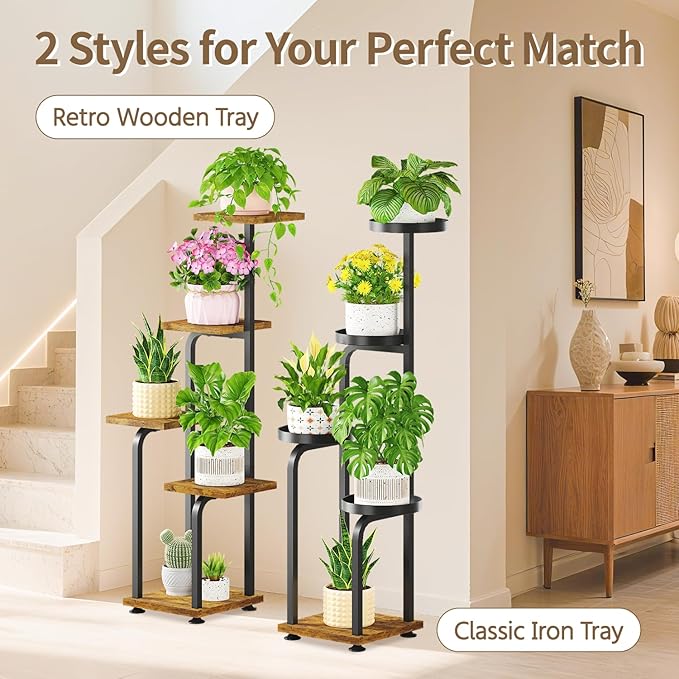 LASZOLA Black 5 Tiered Tall Plant Stand Indoor with Heavy Duty Metal Tray, Large Multi Level Vertical Planter Rack for Narrow Corner, Sturdy Rustic Tall Orchid Flower Shelving Holder for House Decor