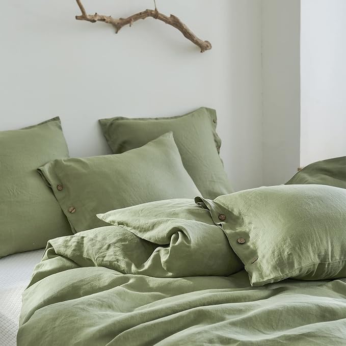 Simple&Opulence 100% Linen Duvet Cover Set 2pcs with Coconut Button Closure Natural French Washed Flax Solid Color Soft Breathable Farmhouse Bedding - Sage Green, Twin Size
