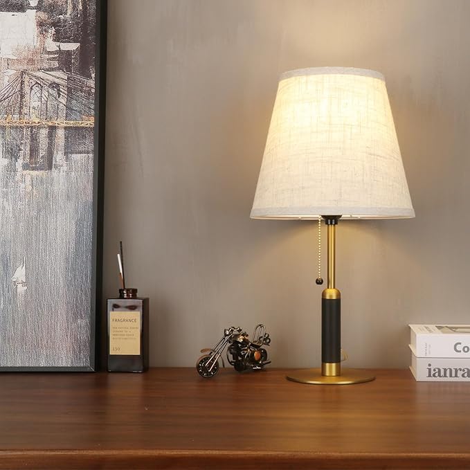 18.9" Modern Mid Century Table Lamp Pull Chain Bedside Lamps for Nightstand Lamp for Bedroom Living Room 3-Color Light Solid Wood/Metal/Fabric for Home Office Dorm Decor (Light Brown+Brass)