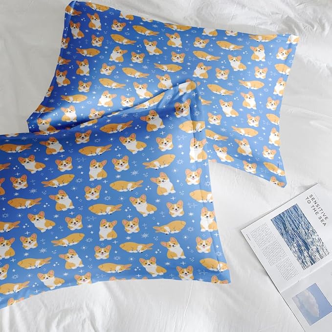 Pamnest Full Size Bed Sheet Sets, Kawaii Cute Corgi Soft Microfiber 4 Pcs Bedding Sets for Kids and Adults Bedroom Bed Decor, Dog Animal Flat, Fitted Sheet and 2 Pillowcases