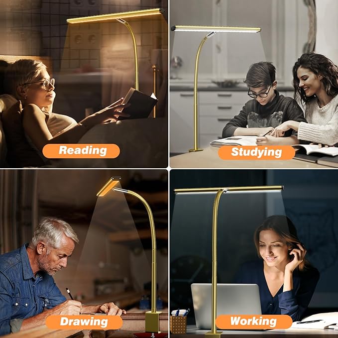 Airlonv LED Desk Lamp for Office Home, Eye-Caring Desk Light with Stepless Dimming Adjustable Flexible Gooseneck, 10W USB Adapter Desk Lamp with Clamp for Reading, Study, Workbench (Gold)