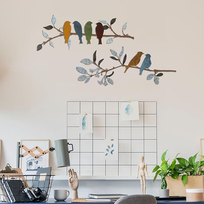 Demissle 2 Pcs Metal Birds Wall Art Decor Vivid Birds on Branch with Leaves Rustic Wall Decor Waterproof Metal Sculpture Hanging Sign for Home Balcony Garden Indoor Outdoor(Stylish Colors)