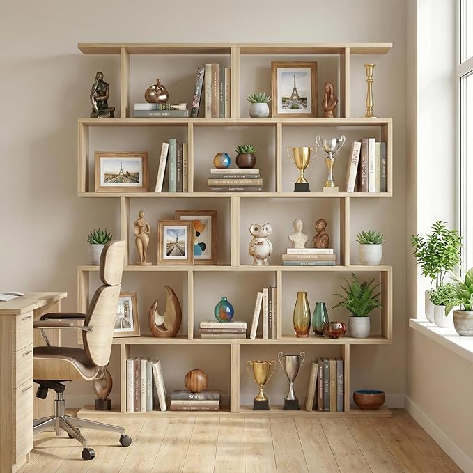 5-Tier Geometric Bookcase (Set of 2), 62.6" Tall S-Shaped Bookshelf & Room Divider, Modern Oak Freestanding Display Shelving Unit for Living Room, Hallway, Home Office