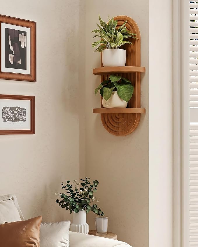 Bamworld Boho Wall Decor Brown Plant Wall Shelf Mid Century Modern Decor Hanging Plant Shelf 22in 2 Tier Wooden Floating Shelves Brown