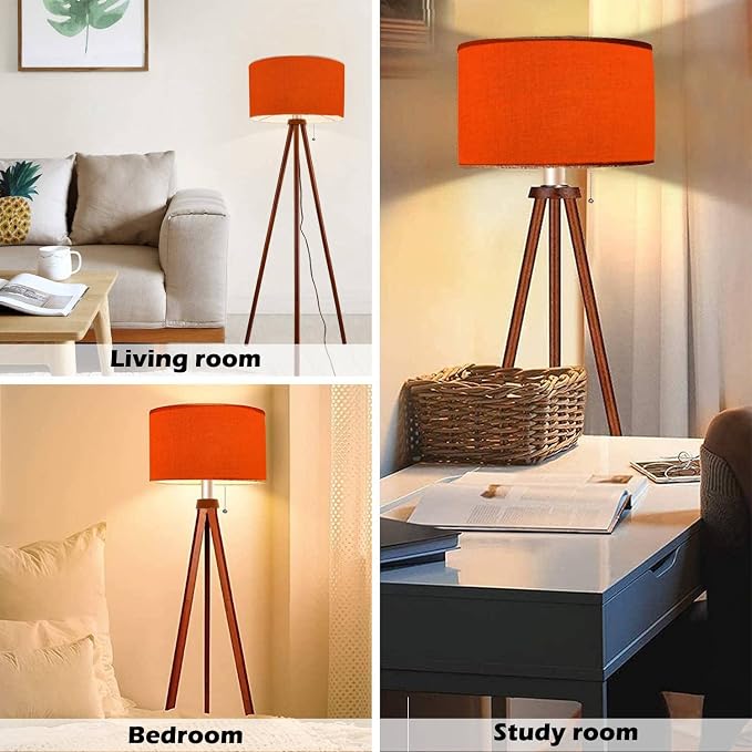 Wood Tripod Floor Lamp Orange Color for a Warm Colorful Modern Standing Lamp Linen Lampshade Dimmable Tall Lamp Mid Century Floor Lamp for Living Room Bedroom