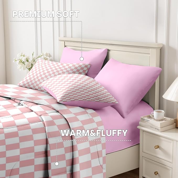 7Pcs Comforter Set Queen Size, Light Pink Checkered Plaid Girly, Bedding Decor Cute Gingham Checkerboard Geometric Bedroom Bed Set Flat Sheet Fitted Sheet Pillowcases Shams for Kids Adults