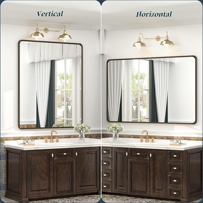 OKPAL 66x36 Bronze Bathroom Vanity Mirror, Brushed Metal Framed Bathroom Mirror, Rounded Bronze Rectangle Mirror for Farmhouse, Bedroom, Anti-Rust (Horizontal/Vertical)