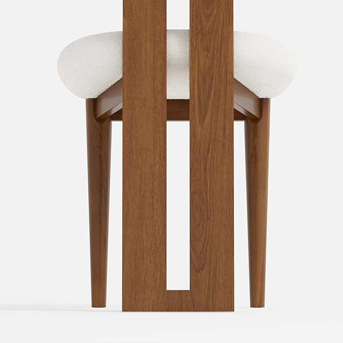 Upholstered Kitchen & Dining Room Table Chairs Set of 2, Solid Wood Walnut Mid Century Dining Chairs with Boucle Upholstery, Cylindrical Backrest for Vanity, Living Room, Office, White & Walnut