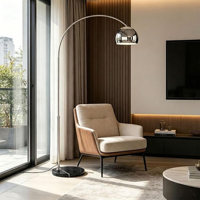 Murmurglow-71”Modern Arc Floor Lamp, Mid Century Adjustable Height Chrome Floor Lamp with Metal Shade,Book Reading Standing Light with Round Marble Base for Living Room, Bedroom,Office
