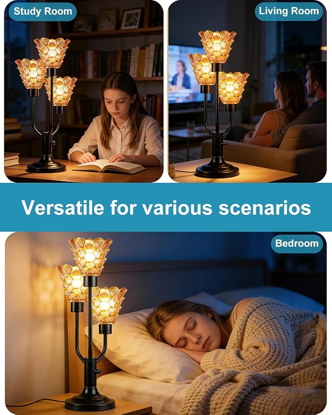 Lightdot Vintage Mid Century Modern Table Lamp for Living Room Dimmable Nightstand Lamp Black Desk Lamp Amber Glass 3 Bulbs Included Warmwhite Ambient Bedside Lamps for Bedroom Home Office Decor Gift