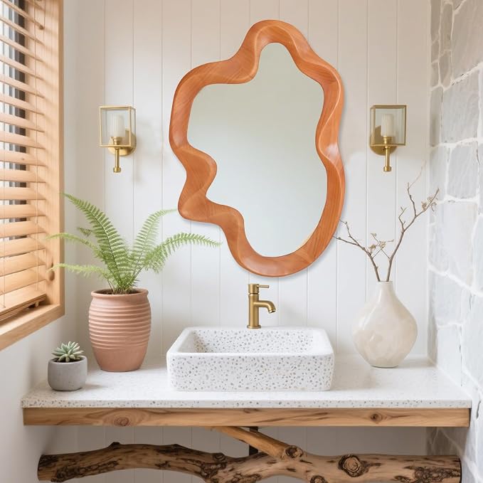 Gluck Plants Irregular Wall Mirror,Wavy Asymmetrical Wood Framed Decorative Mirror, Funky Modern Walnut Unique Large Shaped Decor Wall Mirrors for Entryway,Bedroom, Living Room;21"x32"