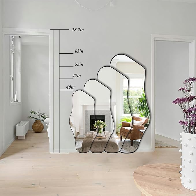 Irregular Mirror Full Length, 63"x29" Large Asymmetrical Wall Mirror for Dressing, Modern Black Metal Frame Abstract Wall Mirrors for Living Room Bathroom Bedroom Hallway Entryway