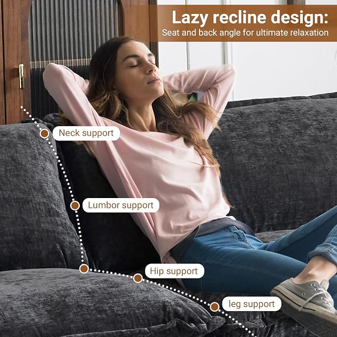 VINGLI 122" Cloud Double-Layer Deep Convertible Sectional Sofa, Comfy L-Shape 3-Seat Couches for Living Room, Modern Couch with Two Movable Ottoman for Small Space, Chenille Black