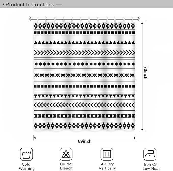 Black and White Fabric Bathroom Shower Curtain Boho Abstract Geometric Pattern Waterproof Polyester Shower Curtains for Modern Minimalist Artistic Aesthetic Home Decorative, 69x70 Inch