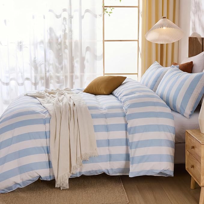 Merryword Blue and White Striped Duvet Cover Set Queen Size, 100% Cotton Bedding Set with Zipper Closure & 8 Corner Ties, Luxury Linen Like Bedding, Soft Breathable Comforter Cover for All Seasons