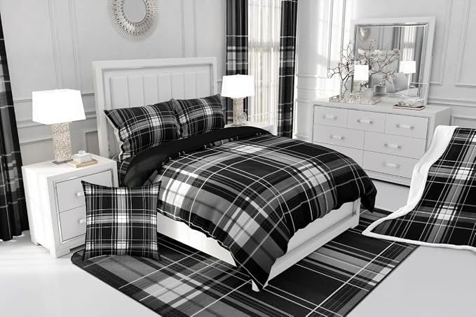 Erosebridal Boys Girls Plaid Bedding Set King Black Grey Checkered Duvet Cover for Kids Teens Buffalo Grid Stripes Comforter Cover Modern Geometric Bed Set with Zipper