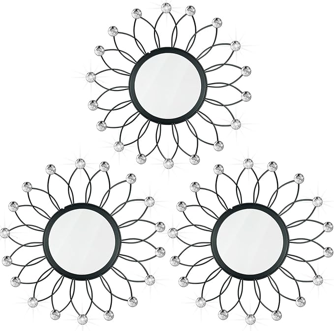 3 Pack Metal Mirrors for Wall Sunburst Wall Mirrors Home Décor Decorative Hanging Wall Art for Living Room Bedroom Entryway (Black Crystal, Flowers)