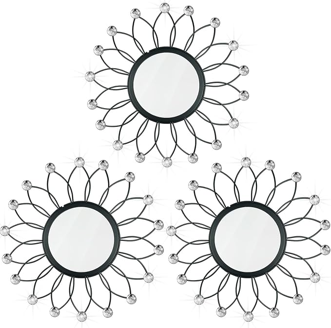 3 Pack Metal Mirrors for Wall Sunburst Wall Mirrors Home Décor Decorative Hanging Wall Art for Living Room Bedroom Entryway (Black Crystal, Flowers)