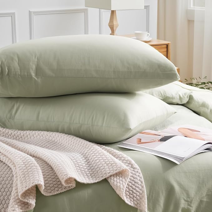 NEXHOME PRO Full Duvet Cover Set – 100% Certified Organic Cotton with Washed Feel & Linen-Like Texture, Comfortable & Breathable, Home Bedding Set Sage Green (No Comforter)