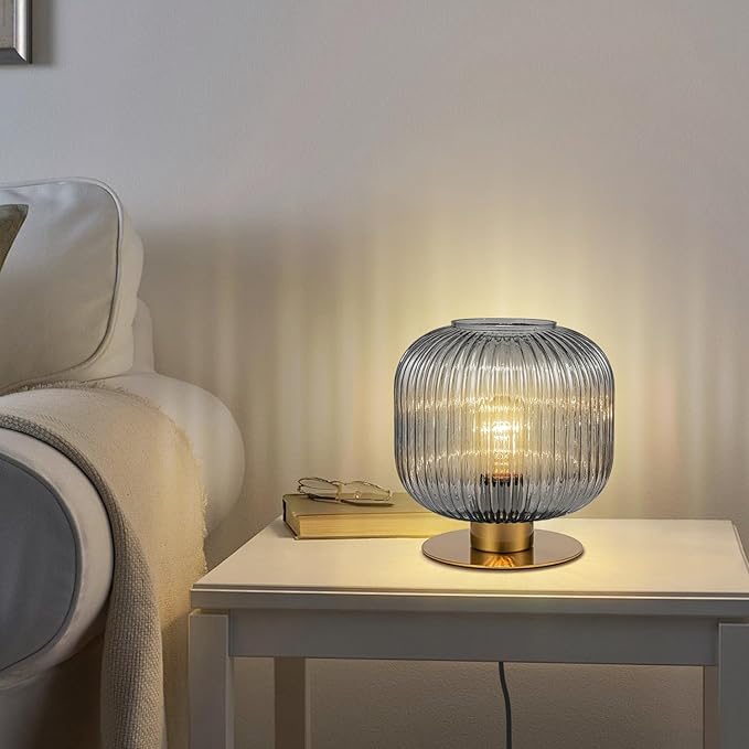 Gray Table Lamps for Bedroom Set of 2, Mid Century Gold Table Lamp with Smoke Glass Shade, Ribbed Desk Lamp Decorative Side Table Lamps for Living Room Office Corner Shelf