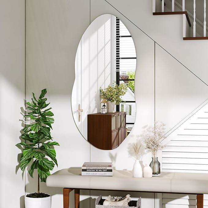 Irregular Wall Mirror, 38 x 22 Inch Asymmetrical Frameless Mirror for Bathroom, Living Room, Bedroom, Modern Abstract Vanity Mirror with Shatter-Proof Glass