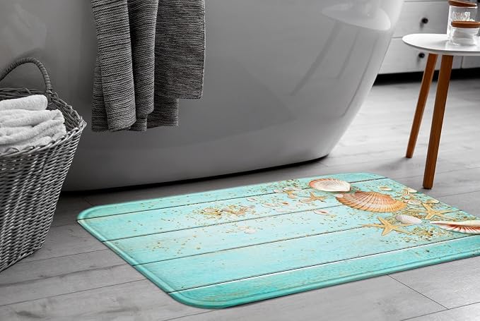 Britimes Bath Mat for Bathroom, Beach Shell Sea Collection Vintage Boho Washable Cover Floor Rug Carpets Floor Mat Bathroom Decorations 16x24 Inches for Kitchen Bedroom