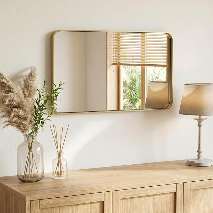 NEWBULIG 24X36 Inch Bathroom Mirror for Over Sink, Wall Vanity Mirrors Tempered Glass, Anti-Rust Metal Framed Rounded Rectangle, Hangs Horizontally or Vertically, Farmhouse Home Decor, Gold