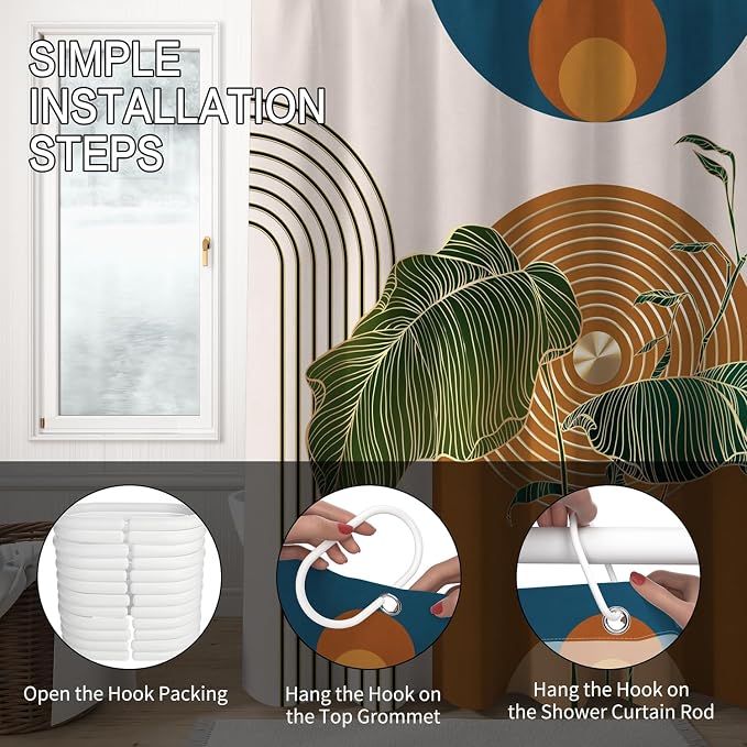 Boho Shower Curtain for Bathroom Modern Mid Century Plant Palm Leaves Bath Curtain Modern Minimalist Geometric Arch Bath Decor Waterproof Polyester Fabric Curtains Set 48x72 inch