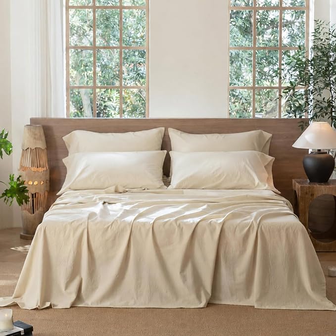 MooMee Bedding Sheet Set 6Pcs 100% Washed Cotton Linen Like Textured Breathable Durable Soft Comfy (Heathered Almond Milk Grey, Queen)