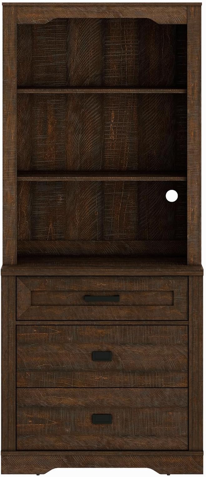 WAMPAT 73.3" Tall Bookcase with Chest of Drawers, 31.5 inch Wide Standing Rustic Bookshelves, Modern Farmhouse Display Storage Cabinet with Adjustable Shelves,Dark Wood Brown