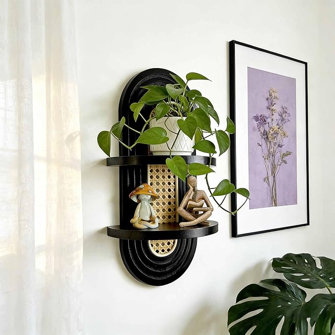 2-Tier Woven Rattan Floating Shelves, Mid-Century Modern Boho Wooden Wall Hanging Decor Plant Shelf for Living Room, Bedroom, Bathroom, Home Office, Ideal for Small Planters & Accents (Black)