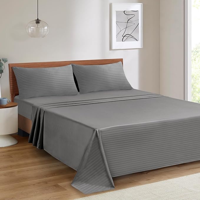 Mejoroom Striped Twin Sheet Set - Hotel Collection Twin Sheets - Bedding Sheets & Pillowcases with Deep Pocket Fitted Sheet, Breathable, Wrinkle & Fade Resistant - 3 Piece (Gray)