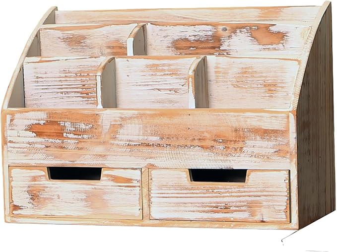 Vintage Rustic Wooden 2 Drawer with Shelf Office Desk Organizer & Mail Rack For Desktop,Box for Office Home Toiletries Supplies Vanity, No Assembly Required (J03) (Rustic White)