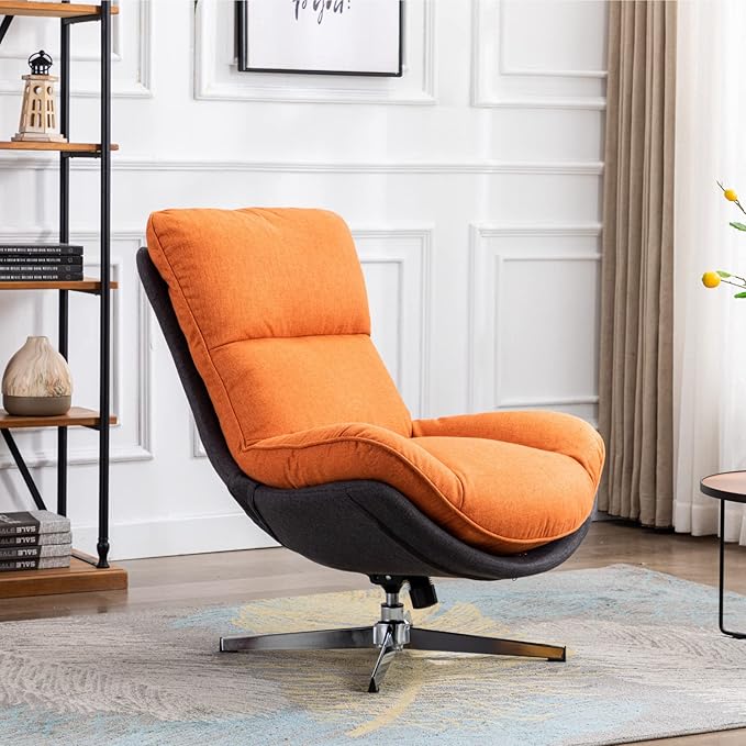 LukeAlon Modern Linen Swivel Lounge Chair, Upholstered High Back Accent Chair with Metal Base Comfy Recliner Chair Leisure Single Sofa Chair for Living Room Office, Orange