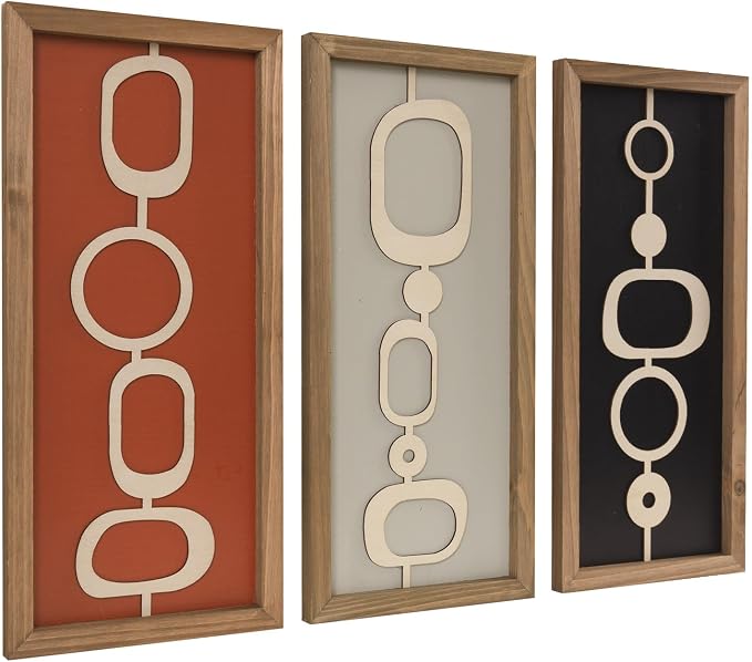 pechpell 3 Set Of Mid Century Modern Wall Art Wooden Framed, Modern Boho 3D Abstract Geometric Mcm Wall Hanging For Living Room, Bedroom, Entryway, Home Office, Earth Tone Minimalist Decor