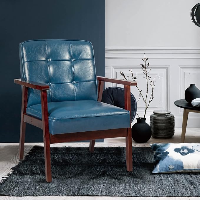 Okeysen Accent Chairs Set of 2, Mid Century Modern Accent Chair, Retro Wood and Leather Armchairs Side Chair, Lounge Reading Comfy Arm Chair for Living Room, Bedroom, Office (Blue)