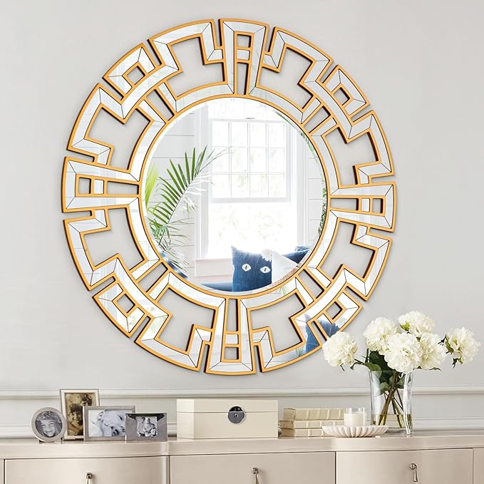 Chende Gold Mirrors for Decor, 32'' Round Wall Mirror with Beveled Glass Frame, Modern Decorative Mirror with Wood Frame for Living Room, Entryway, Dining Room, Bathroom