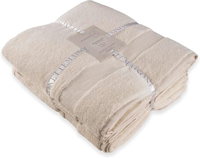 Maisonette Elegance 100% Organic Cotton Turkish Bathroom Towel Set, Soft & Absorbent, Ideal Quick Dry Luxury Hand, Large Luxury Bath Towels & Washcloths for Shower (6 Pack), Light Beige (Natural)