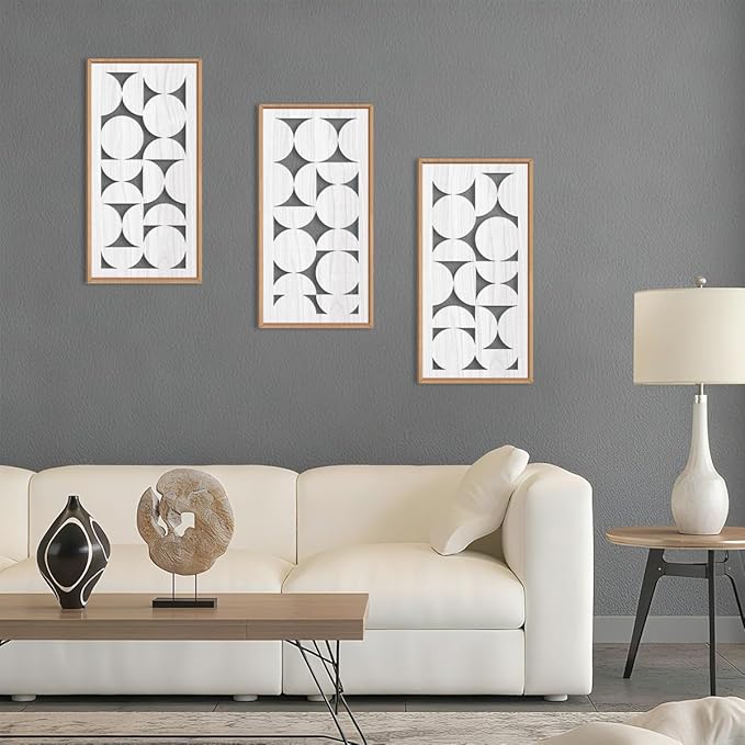 IARTTOP White Abstract Wood Wall Art Framed 8x16 Inch Set of 3 Modern Minimalist Wooden Wall Decor Mid-century Modern Geometry Artwork for Living room Bedroom Office