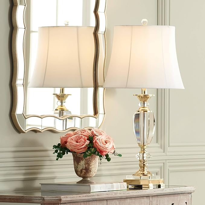 Vienna Full Spectrum Traditional Table Lamps 28 3/4" Tall Set of 2 Brass Clear Faceted Crystal White Fabric Bell Shade Decor for Living Room Bedroom House Bedside Nightstand Home Office Family