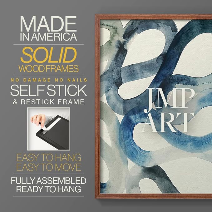 Renditions Gallery Set of 2 Peel & Stick Framed Prints, Watercolor Abstract Wall Art, Aquatic Water and Sand Strokes Wall Decor, Re-Stickable - Ready to Hang - 16"x20" - Walnut Frame LT588