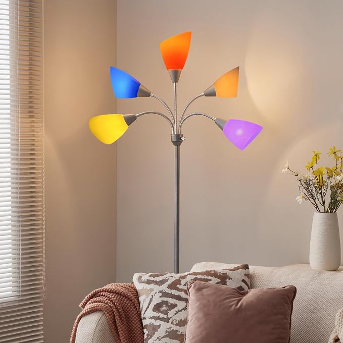 Medusa Floor Lamp, Multi Head 5 Light Floor Lamps for Living Room with 10 Lampshade, Adjustable Neck Reading Standing Lamp for Bedroom,Office,Kids,Classroom (Sliver)