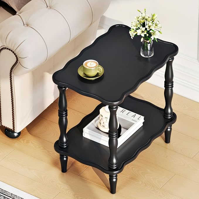 Solid Wood End Table Living Room - 23.6" H Small Narrow Rectangle Wooden End Table for Small Spaces, Dark Real Black Solid Wood Vintage Antique Side Bedside Table Nightstand with 2-Tier Storage