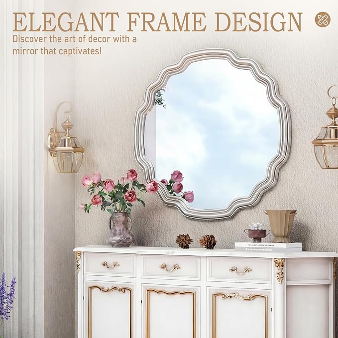 Sliver Scalloped Mirrors Round Mirrors for Wall Decor Wavy Mirror 25.6 Inch for Living Room Bedroom Hallway Dining Room