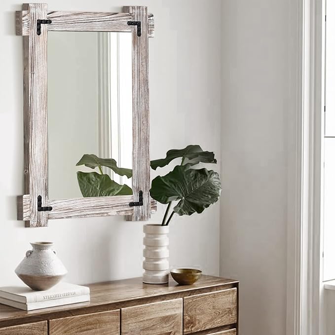 MeMoreCool Farmhouse Rustic Wood Framed Bathroom Mirror, Decorative Wall Mounted Rectangular Mirror for Bedroom, Living Room, or Bathroom, 40x28 Inch, White