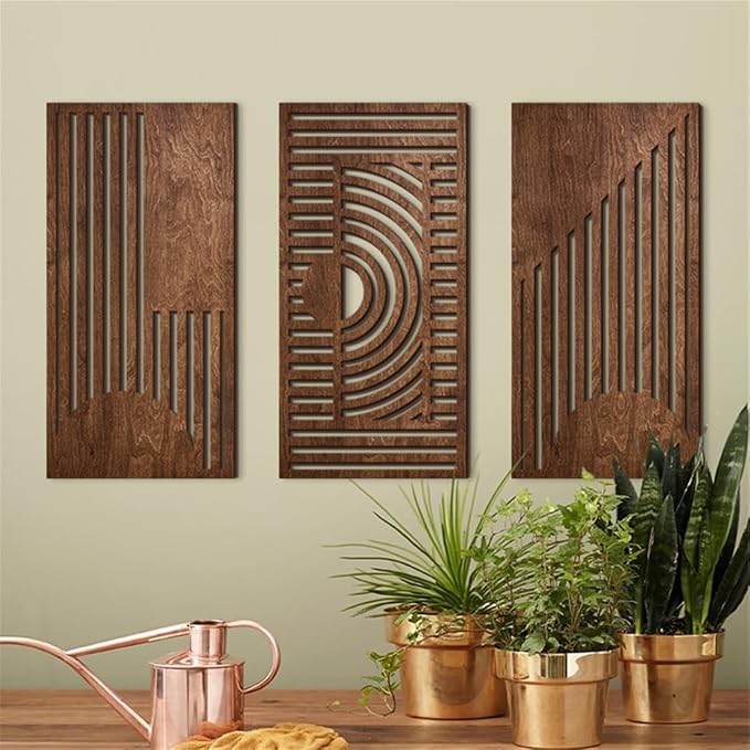 3 Pcs Geometric Wood Wall Art Decor, Wooden Minimalist Wall Hanging Decor, 3D Hollow Carved Craft Art Set, Boho Abstract Wall Sculptures Panels Decoration for Home Living Room Bedroom Kitchen (B)